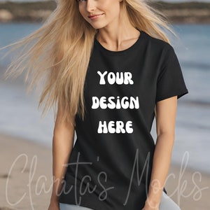 Bella Canvas 3001 Black Tshirt Mockup, 3001 Black T-shirt Mock-up, Real Model Mock, Beach Mockup of Cozy Women in Black Bella Canvas Shirt