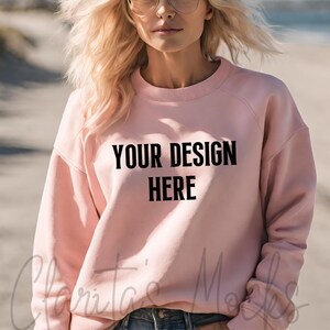 Gildan 18000 Pink Sweatshirt Mockup, G180 Pink Crewneck Mockup, Beach Model Mock of Gildan 18000 Pink Sweater Simple Natural Basic Mockup
