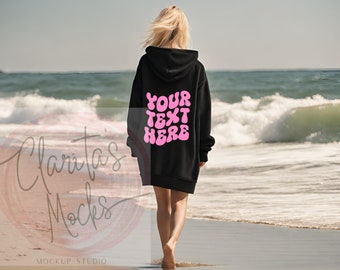 Gildan 18500 Black Hoodie Back Mockup, Beach Model (Digital Download)