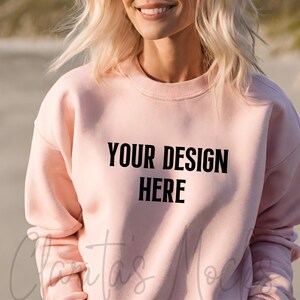 Gildan 18000 Pink Sweatshirt Mockup, G180 Pink Crewneck Mockup, Beach Model Mock of Gildan 18000 Pink Sweater Simple Natural Basic Mockup