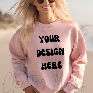 Gildan 18000 Pink Sweatshirt Mockup, G180 Pink Crewneck Mockup, Beach Model Mock of Gildan 18000 Pink Sweater Simple Natural Basic Mockup
