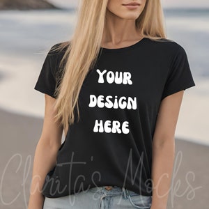 Bella Canvas 3001 Black Tshirt Mockup, 3001 Black T-shirt Mock-up, Real Model Mock, Beach Mockup of Cozy Women in Black Bella Canvas Shirt