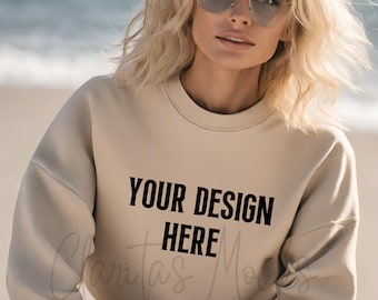 Gildan 18000 Sand Sweatshirt Mockup, G180 Sand Crewneck Mockup, Beach Model Mock of Gildan 18000 Sand Sweater Simple Natural Basic Mockup
