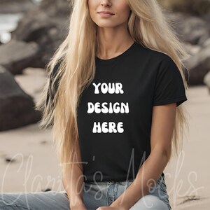 Bella Canvas 3001 Black Tshirt Mockup, 3001 Black T-shirt Mock-up, Real Model Mock, Beach Mockup of Cozy Women in Black Bella Canvas Shirt