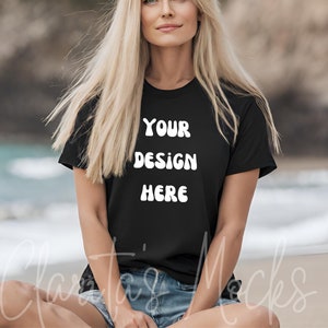 Bella Canvas 3001 Black Tshirt Mockup, 3001 Black T-shirt Mock-up, Real Model Mock, Beach Mockup of Cozy Women in Black Bella Canvas Shirt