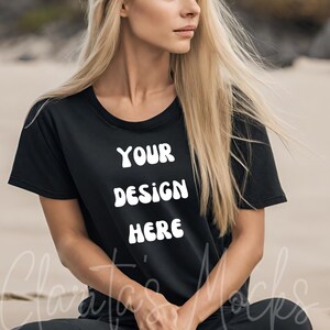 Bella Canvas 3001 Black Tshirt Mockup, 3001 Black T-shirt Mock-up, Real Model Mock, Beach Mockup of Cozy Women in Black Bella Canvas Shirt