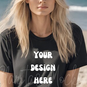 Bella Canvas 3001 Black Tshirt Mockup, 3001 Black T-shirt Mock-up, Real Model Mock, Beach Mockup of Cozy Women in Black Bella Canvas Shirt