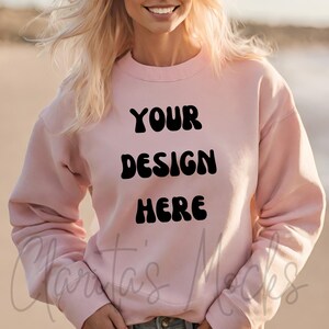 Gildan 18000 Pink Sweatshirt Mockup, G180 Pink Crewneck Mockup, Beach Model Mock of Gildan 18000 Pink Sweater Simple Natural Basic Mockup