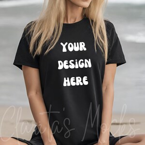 Bella Canvas 3001 Black Tshirt Mockup, 3001 Black T-shirt Mock-up, Real Model Mock, Beach Mockup of Cozy Women in Black Bella Canvas Shirt