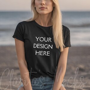 Bella Canvas 3001 Black Tshirt Mockup, 3001 Black T-shirt Mock-up, Real Model Mock, Beach Mockup of Cozy Women in Black Bella Canvas Shirt
