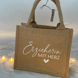 Jute-Tasche Erzieherin mit Herz, Erzieher mit Herz, Geschenk Erzieher, Kindergarten, Abschiedsgeschenk