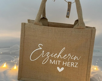 Jute-Tasche Erzieherin mit Herz, Erzieher mit Herz, Geschenk Erzieher, Kindergarten, Abschiedsgeschenk | optional mit Reißverschluss |Zipper