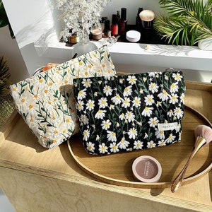 Embroidery Floral Makeup Pouch | Cosmetic Bag with Zippers | Makeup Bag | Toiletry Bag | Black and White Daisy | Gift for Her| Best Gift