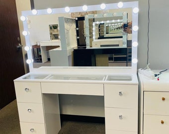 07 drawers Glass top white makeup vanity with mirror and set of 14 led lights bulbs