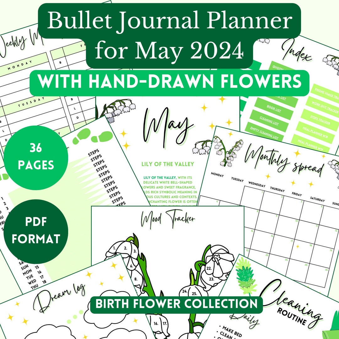 MAY Digital Bullet Journal 2024 Birthflower , Monthly Planner, Weekly ...