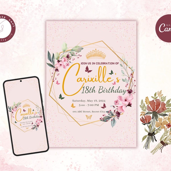 Misty Rose 18th Birthday Invitation Template | Blush Pink Floral Invitation | 18th Birthday Invite | Mobile Video Invitation | Downloadable