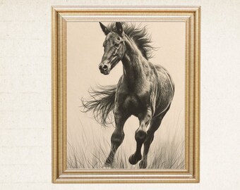Arte della parete del cavallo vintage, illustrazione di animali, arredamento rustico, stile fattoria, disegno della fauna selvatica, regalo per gli amanti degli equini, arte digitale stampabile