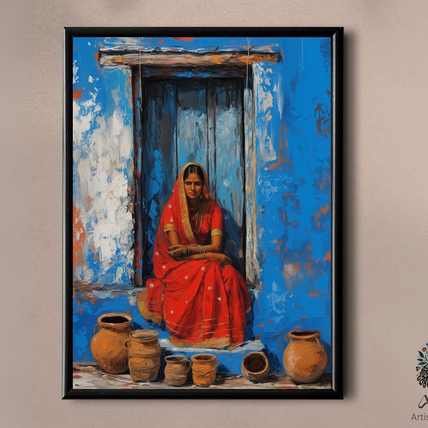 Rustic Indian Village Scene Canvas Art, Traditional Woman in Red, Ethnic Home Decor, Vibrant Wall Art, Cultural Interior Accent Piece