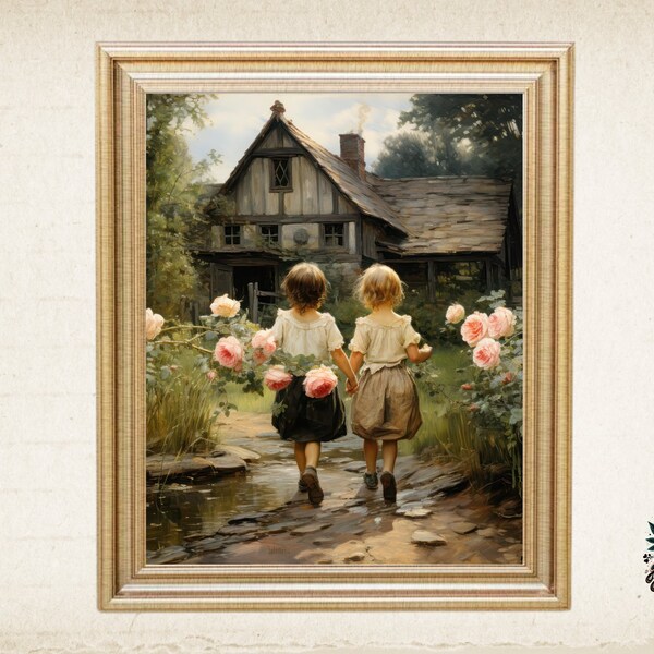 Rustic Cottage Classical Landscape, Vintage Style Wall Art, Children and Flowers Retro Illustration, Home Decor, Printable Digital Download