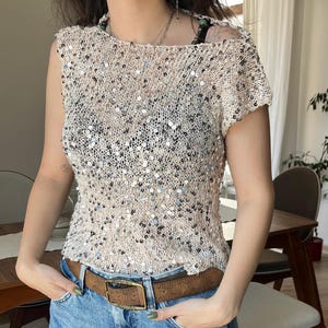 Shimmery Boho Party Blouse – Handmade Sequin Knit Top – Lightweight Festival Shirt – Glittery Mesh Crop Tee