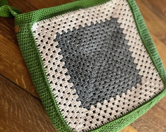 Crocheted Granny Square Shoulder Bag: Green Cotton Retro Hippie Purse
