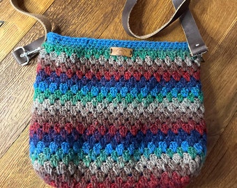 Handmade Crochet Bag with Adjustable Leather Strap – Lined and Colorful Striped Design