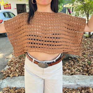 Top Boho Brown Open Knit Summer Blouse – Festival Loose Fit Mesh Shirt – Womens Beachwear – Handmade Crochet Crop