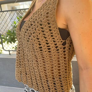 Boho Crochet Brown Summer Tank Top – Handmade Openwork Sleeveless Vest – Lightweight Beach Festival Top