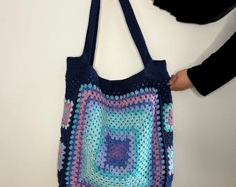 Handmade Crochet Granny Square Tote Bag: Colorful Boho Cotton Purse