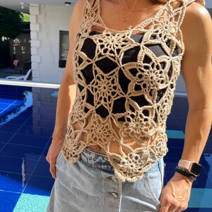 Handmade Crochet Tank Top – Boho Summer Lace Blouse – Beige Mesh Granny Square Top – Festival Beachwear – Openwork Cotton Shirt