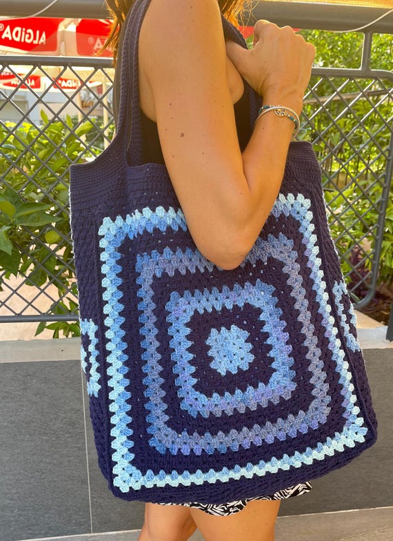 Oversized Crochet Granny Square Tote Bag: Navy Blue Cotton Beach