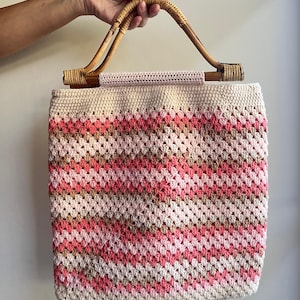 Handmade Colorful Granny Square Bag with Natural Bamboo Handles