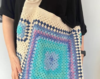 Crochet Granny Square Tote Bag: Colorful Boho Cotton Beach Bag