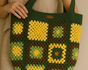 Green & Yellow Granny Square Crochet Tote Bag - Handmade Lined Yarn