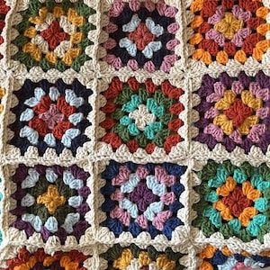 May include: A colorful crocheted blanket with a granny square pattern in shades of red, orange, yellow, green, blue, and purple.