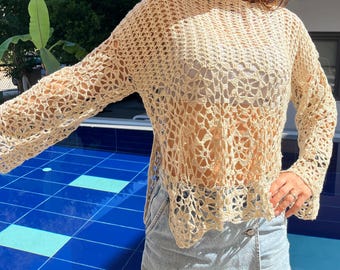 Bohemian Women's Loose Knit Blouse, Openwork Beach Cover Up, Lightweight Summer Sweater,