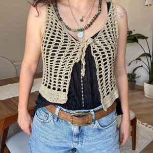 Boho Summer Beach Cover Up – Open Front Festival Layer – Light Beige Knit Tank – Handmade Crochet Mesh Vest Top