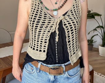 Boho Summer Beach Cover Up – Open Front Festival Layer – Light Beige Knit Tank – Handmade Crochet Mesh Vest Top