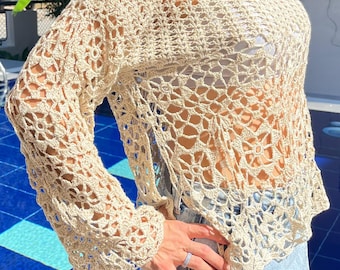 Handmade Crochet Lace Boho Top: Cotton Blend Beach Cover Up