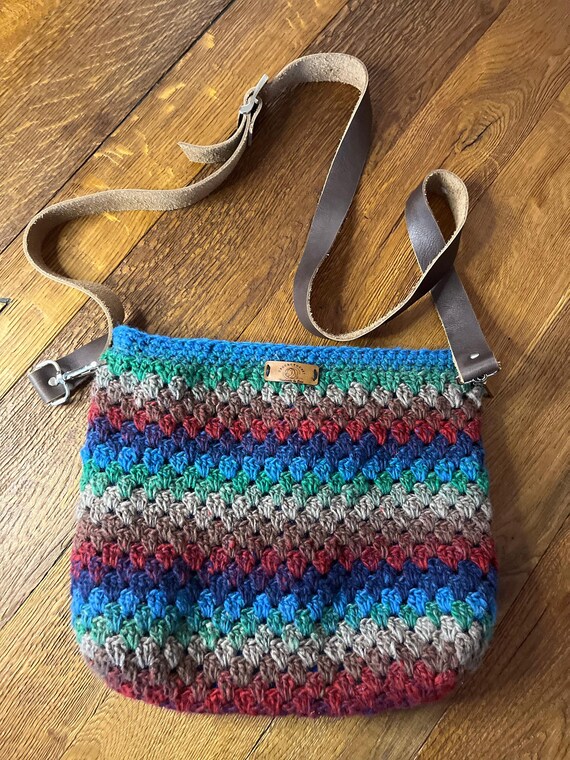Handmade Crochet Bag with Adjustable Leather Strap – Lined and Colorful Striped Design