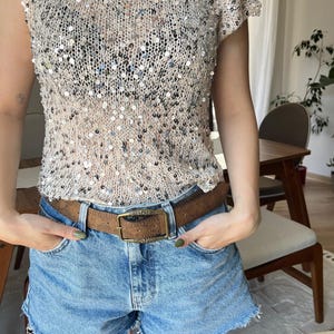 Handmade Shimmery Knit Top – Lightweight Festival Shirt – Glittery Mesh Crop Tee