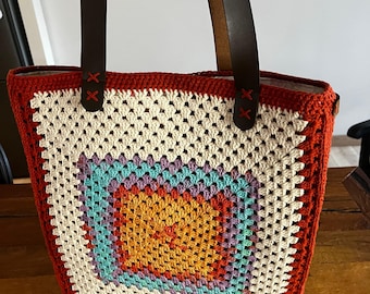 Colorful Crochet Tote Bag with Leather Straps, Magnetic Closure and Zippered Pocket
