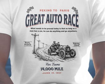 Camiseta vintage de carreras de coches / Ilustración de la carrera de Pekín a París de 14.000 millas
