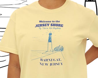 Welcome to the Jersey Shore Lighthouse Women's Boxy Tee, Comfort Colors coastal tee