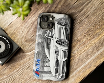 Fundas resistentes, funda para teléfono con ilustración única de coche deportivo, regalo artístico para amantes de los coches, elegante diseño monocromático con detalles dorados.