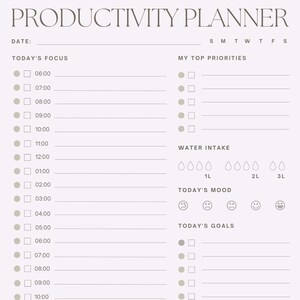 May include: A productivity planner with sections for today's focus, top priorities, water intake, mood, and goals. The planner includes checkboxes, time slots, and a notes section.
