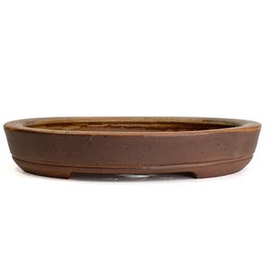 May include: A shallow, oval-shaped bonsai pot with a matte, earthy brown finish. The ceramic container features a smooth, slightly speckled texture, a wide rim, and a recessed base with a small cutout detail along the bottom edge.