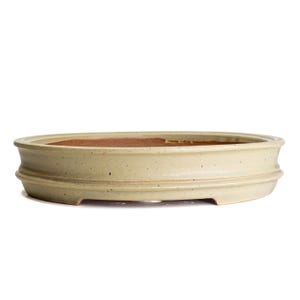 May include: A shallow, oval-shaped ceramic bonsai pot with a light beige, speckled exterior glaze and a contrasting unglazed terracotta-colored interior. The pot features a raised horizontal ridge around the middle and small feet.