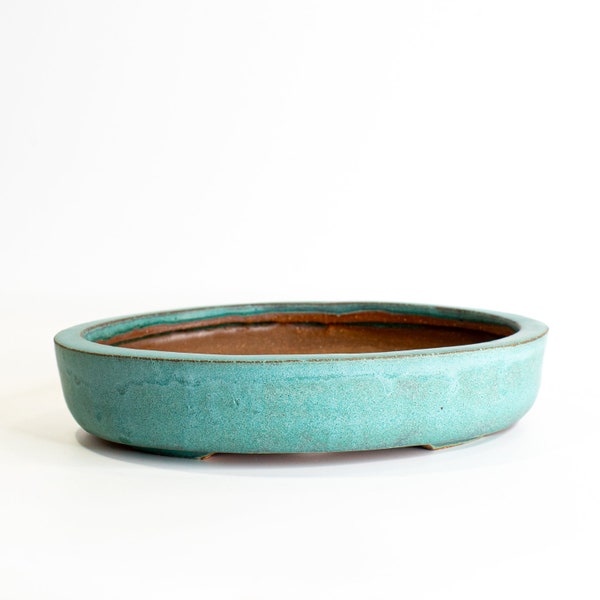 Oval 10.5” Green Glazed Stoneware Bonsai Pot