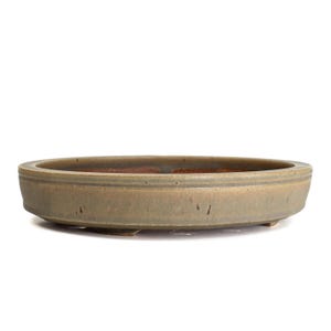 May include: A shallow, round ceramic bonsai pot with a matte, earthy olive-green exterior glaze and a contrasting reddish-brown interior. The vessel features a slightly raised rim, a smooth texture, and is supported by small, integrated feet.